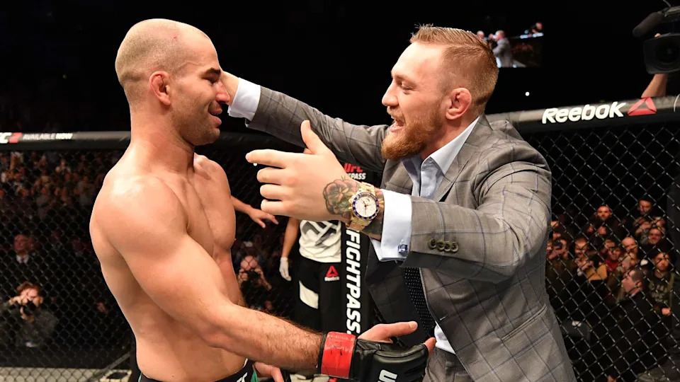 Belt, northern Ireland - November 19: (LR) Artem Lobov of Russia Celebrates with Teamamte and UFC Champion Conor McGregor after his feather bout against his feathers in ishihara during the ufc fight night at the sse areaa on November 19, 2016 in Beltfast, northern Ireland. Lobov Defeated ishihara by unanimous-decision. (Photo by Brandon Magnus/Zuffa LLC/Zuffa llc via Getty Images)